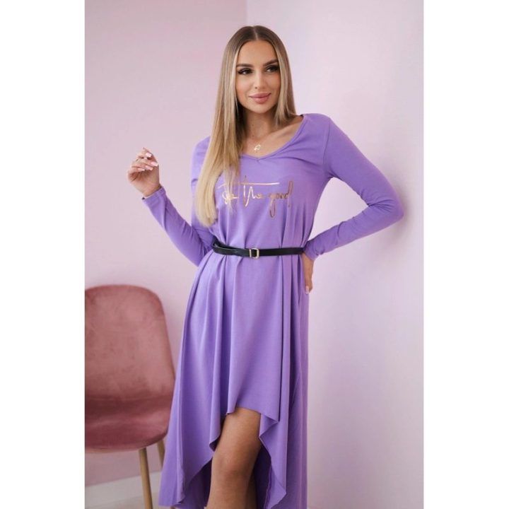 Medvilninė suknelė su dekoratyviniu diržu ir užrašu, violetinė