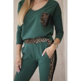 Moteriškas palaidinės ir kelnių komplektas su leopardo raštu, žalias