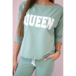 Moteriškas palaidinės ir kelnių komplektas su „Queen“ raštu, tamsiai mėtinės