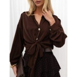 Moteriški marškiniai su stačia apykakle ir sagomis Italy Moda, ruda