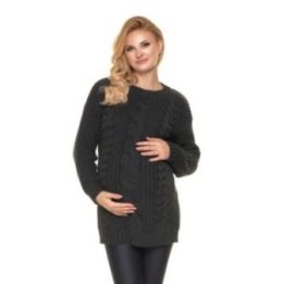 Ilgas nėštumo megztinis su pintu motyvu PeeKaBoo, pilkas