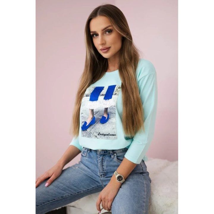 Moteriška palaidinė su 3D grafika ir cirkonais, mėtinė