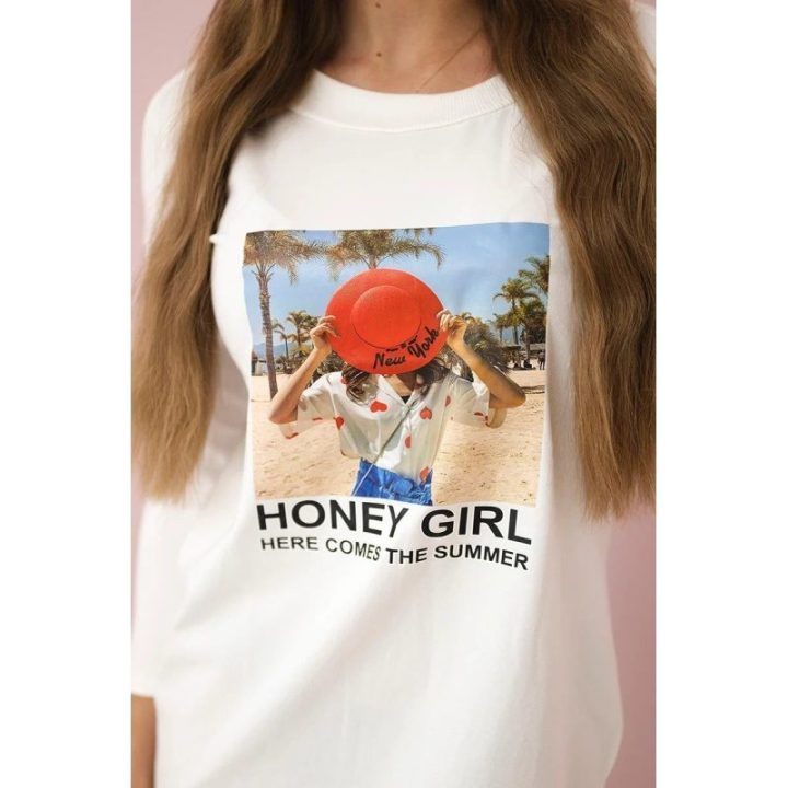 Medvilninė suknelė su „Honey girl“ užrašu, kreminė