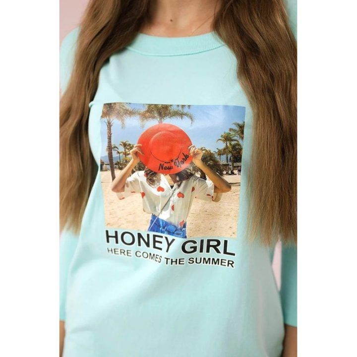Medvilninė suknelė su „Honey girl“ spaudu, mėtinė