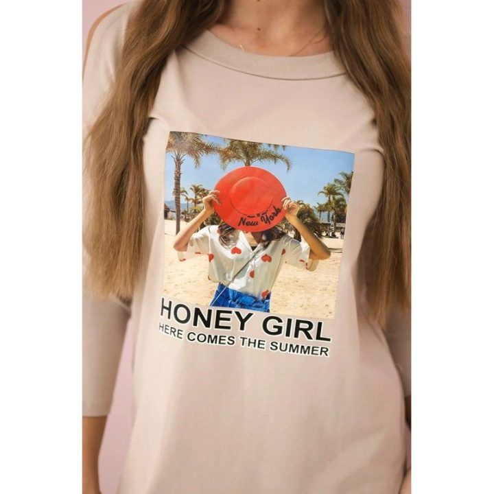Medvilninė suknelė su „Honey girl“ raštu, smėlio