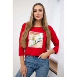 Moteriška medvilninė palaidinė su 3D paukščio grafika, raudona