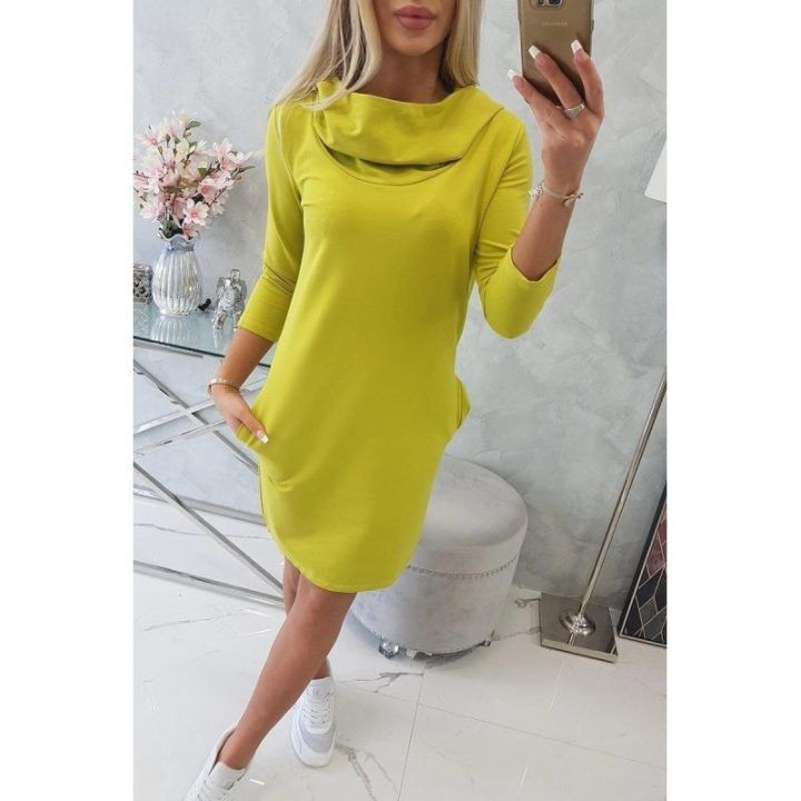 Medvilninė suknelė su gobtuvu ir kišenėmis, šviesiai žalia
