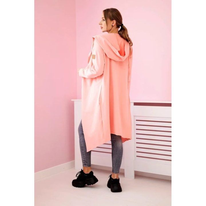 Moteriškas ilgas medvilninis kardiganas su gobtuvu, persikinis