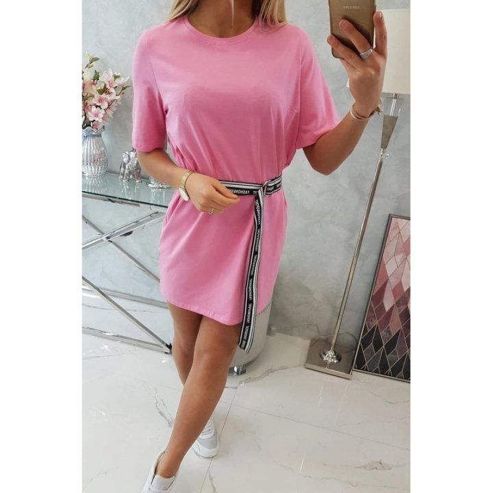 Medvilninė suknelė su dekoratyviniu diržu, 84 cm ilgio, šviesiai rožinė