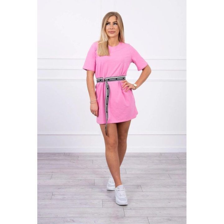 Medvilninė suknelė su dekoratyviniu diržu, 84 cm ilgio, šviesiai rožinė