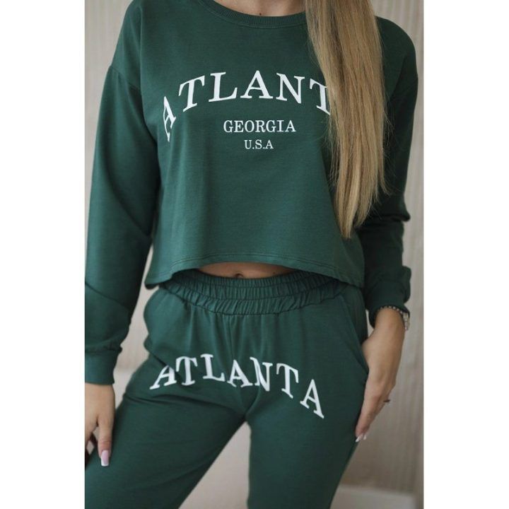 Moteriškas palaidinės ir kelnių komplektas su „Atlanta“ užrašu, žalias