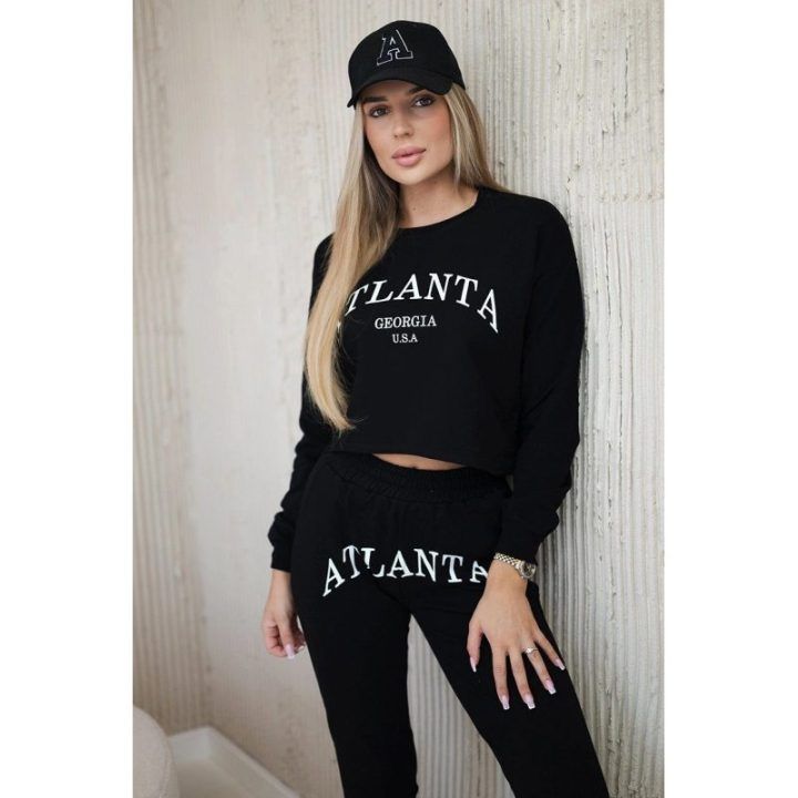 Moteriškas palaidinės ir kelnių komplektas su „Atlanta“ užrašu, juodas