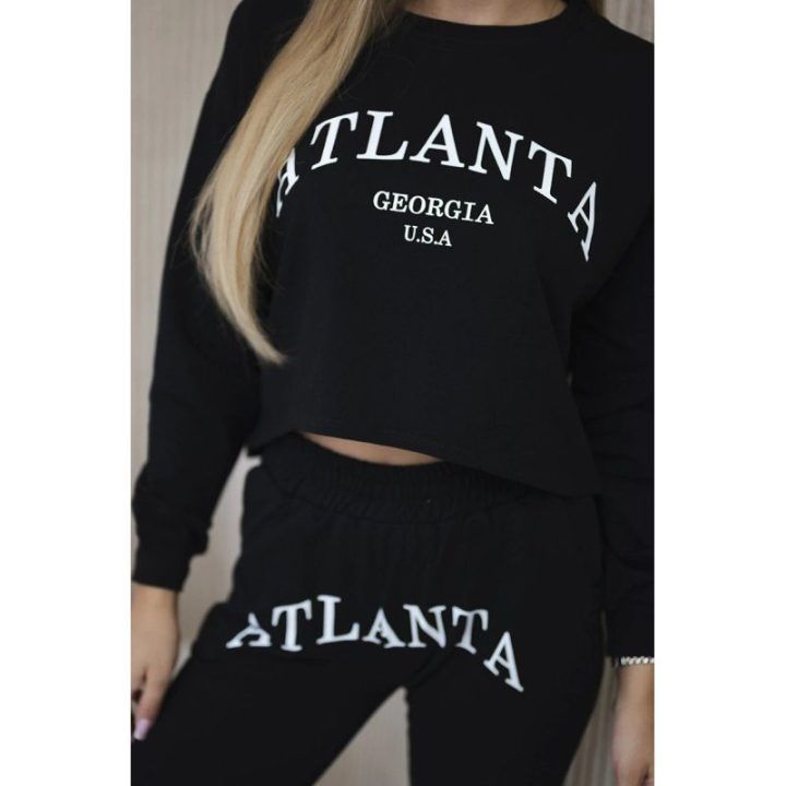 Moteriškas palaidinės ir kelnių komplektas su „Atlanta“ užrašu, juodas