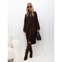 Moteriška midi suknelė su stačia apykakle Italy Moda, tamsiai ruda