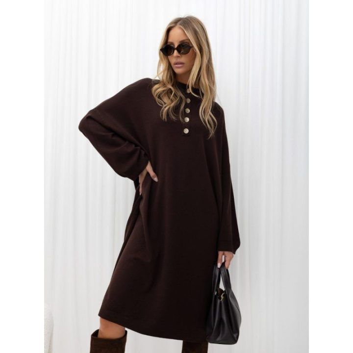 Moteriška midi suknelė su stačia apykakle Italy Moda, tamsiai ruda