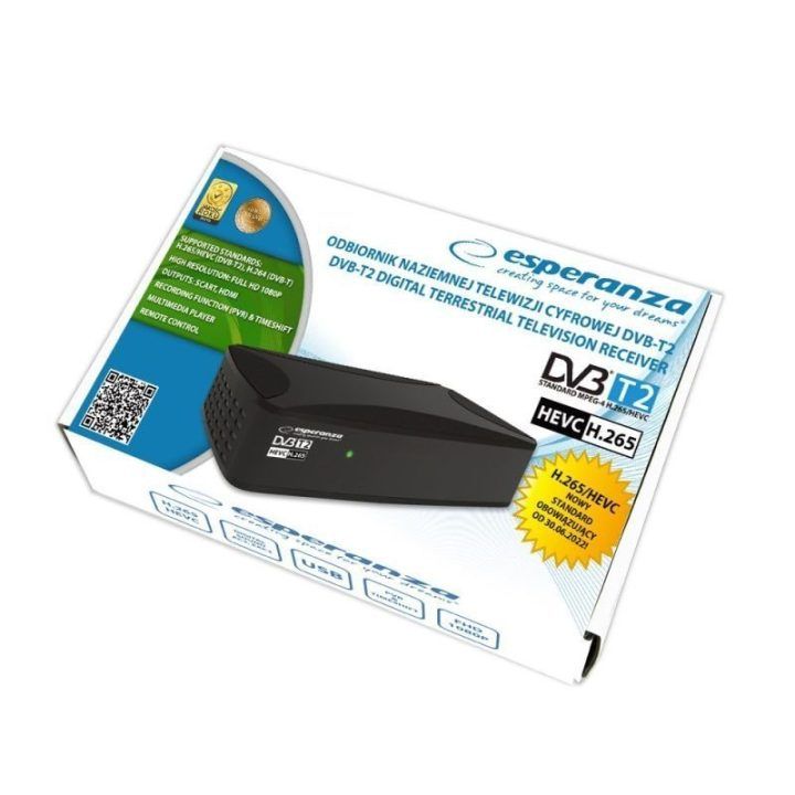 DVB-T2 imtuvas Esperanza EV108R su H.265/HEVC, juodas