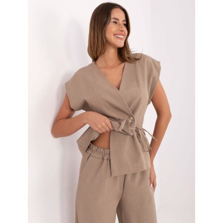Moteriškas liemenės ir kelnių komplektas Moda Italy, tamsiai smėlio