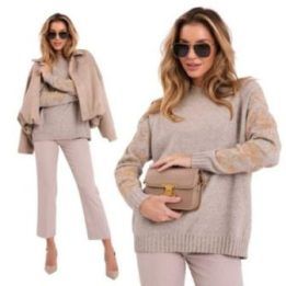 Moteriškas megztinis su gėlių siuvinėjimu Italy Moda, smėlio
