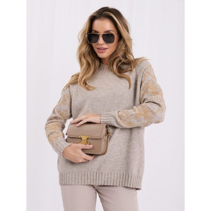 Moteriškas megztinis su gėlių siuvinėjimu Italy Moda, smėlio