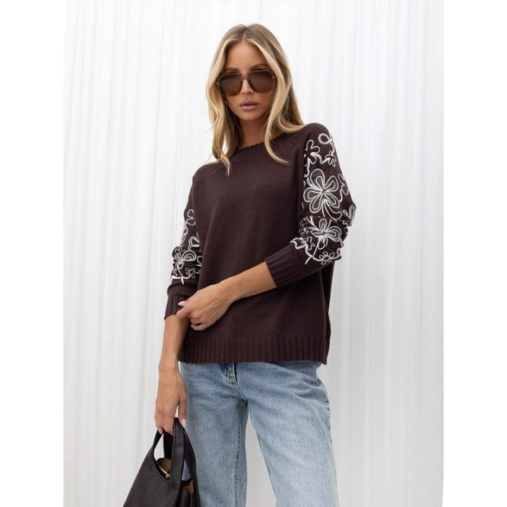 Moteriškas siuvinėtas megztinis Italy Moda, 110 cm, tamsiai rudas