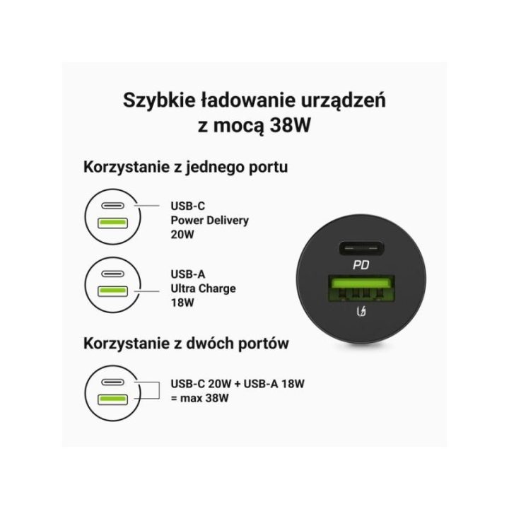 Automobilinis įkroviklis Green Cell PowerRide Nano38, 38 W