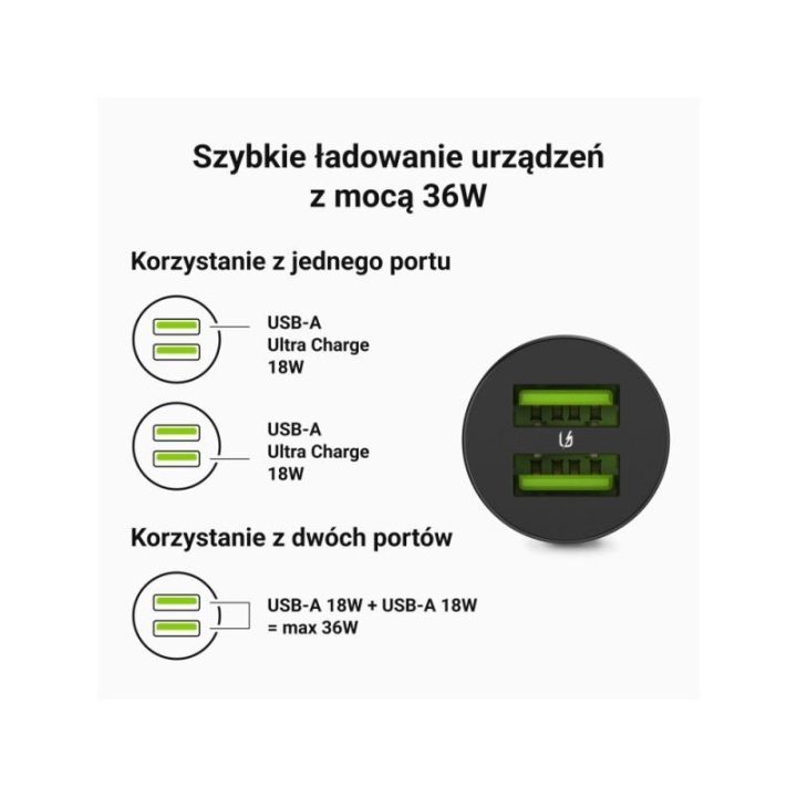 Automobilinis įkroviklis Green Cell GC PowerRide Nano36, 36 W