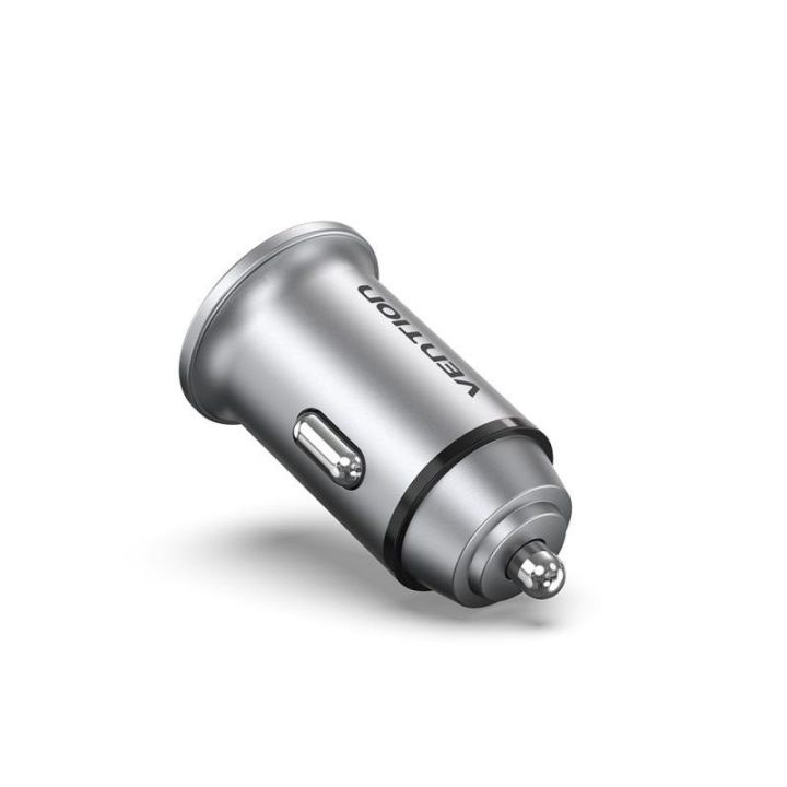 Automobilinis įkroviklis USB-A ir USB-C Vention, 30 W, pilkas
