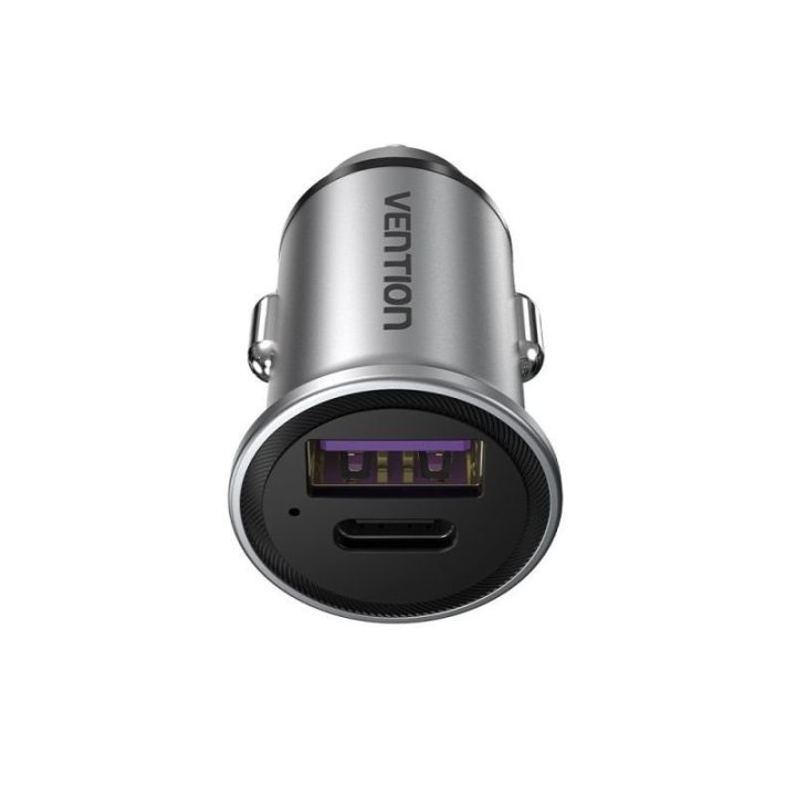 Automobilinis įkroviklis USB-A ir USB-C Vention, 30 W, pilkas