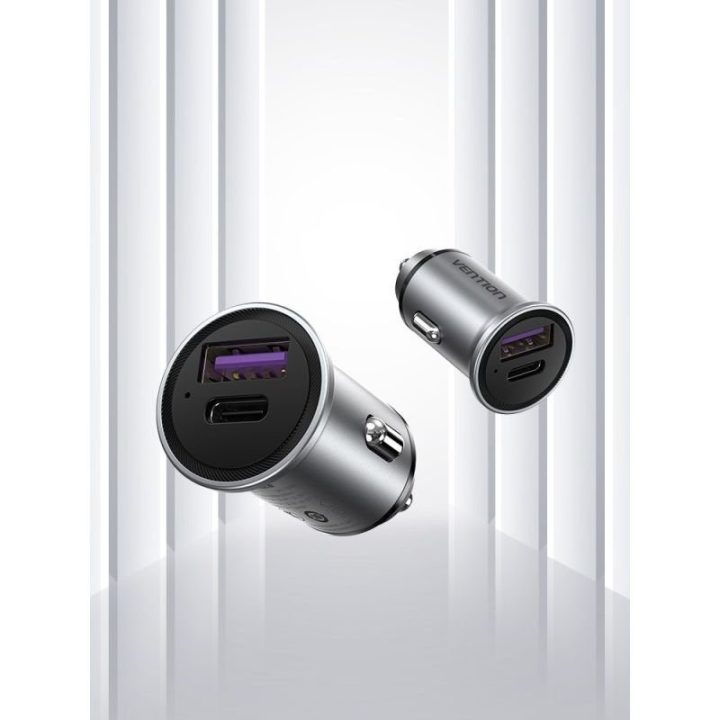 Automobilinis įkroviklis USB-A ir USB-C Vention, 30 W, pilkas