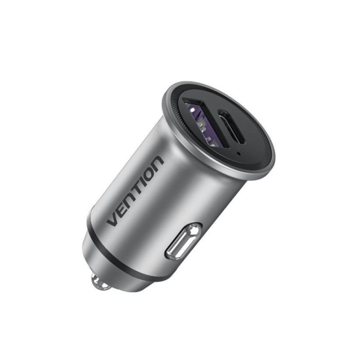 Automobilinis įkroviklis USB-A ir USB-C Vention, 30 W, pilkas