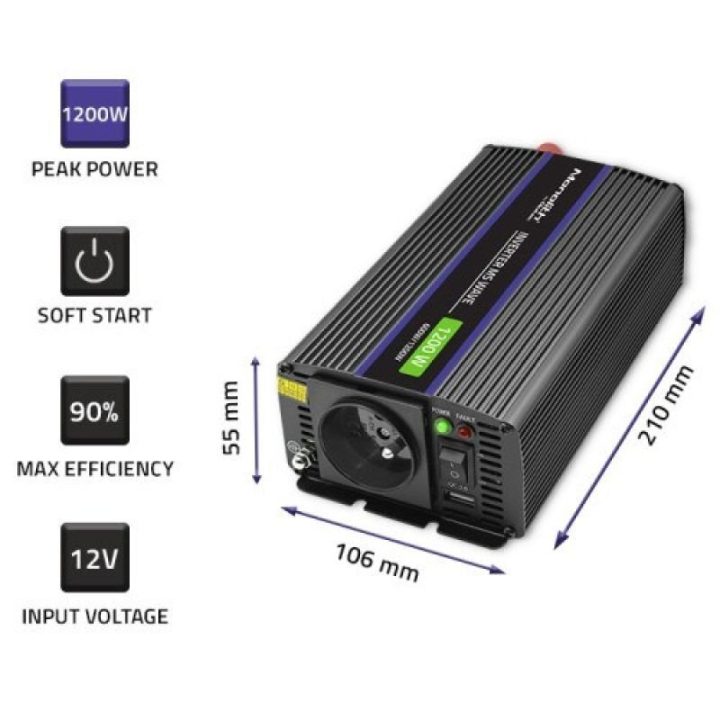 Automobilinis įtampos keitiklis Qoltec Monolith 1200 MS Wave, 12/230 V