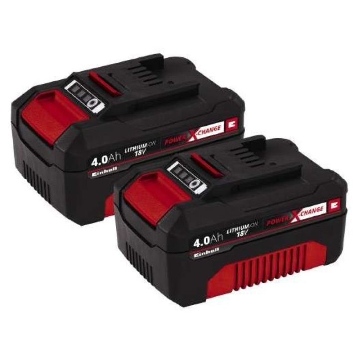 Akumuliatorių komplektas Einhell, 18 V, 2 × 4 Ah, juodi ir raudoni