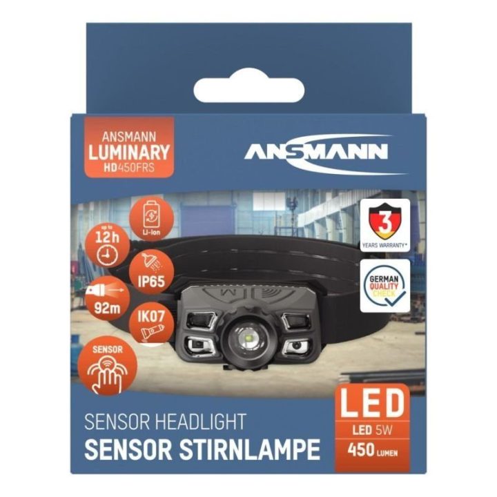 Įkraunamas priekinis žibintas Ansmann HD450FRS, juodas ir pilkas