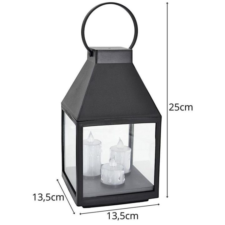 Dekoratyvinis LED žibintas su 3 žvakutėmis SASKA, 25 cm, juodas
