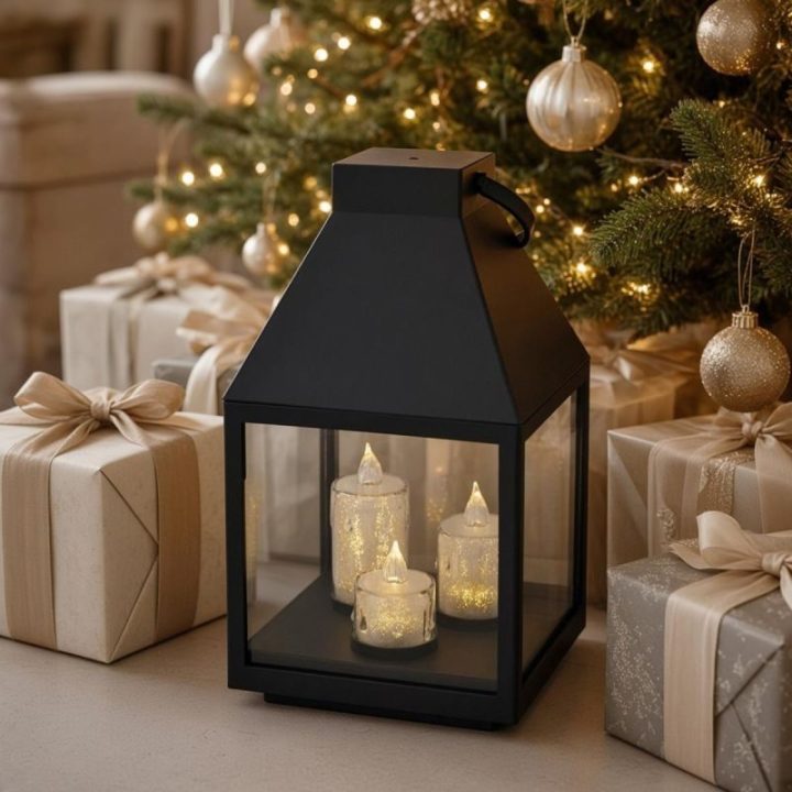 Dekoratyvinis LED žibintas su 3 žvakutėmis SASKA, 25 cm, juodas