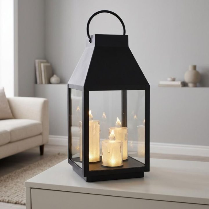 LED žibintas su trimis žvakutėmis SASKA, 35 cm, juodas