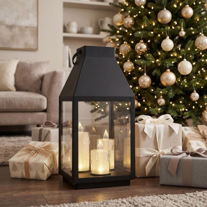 LED žibintas su trimis žvakutėmis SASKA, 35 cm, juodas