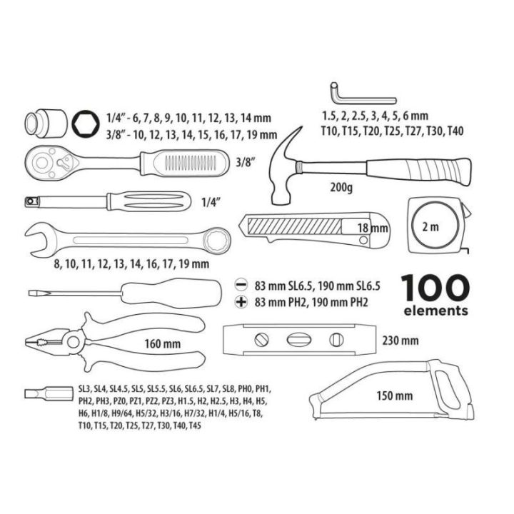 Įrankių rinkinys 1/4 ir 3/8 colio Top Tools, 100 vnt