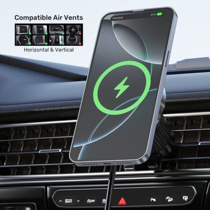 Automobilinis telefono laikiklis-įkroviklis MagSafe UNITEK Qi2, juodas