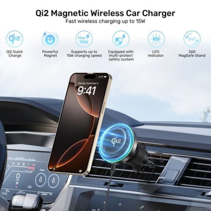Automobilinis telefono laikiklis-įkroviklis MagSafe UNITEK Qi2, juodas