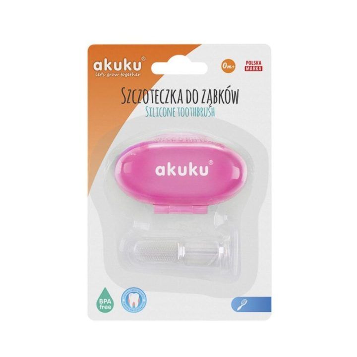 Kūdikių silikoninis dantų šepetėlis su dėklu Akuku, rožinis