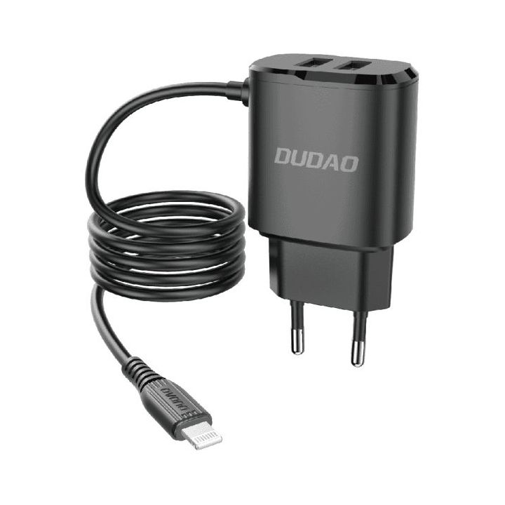 tinklo įkroviklis 2x USB su integruotu Lightning kabeliu 12 W juodas (A2ProL juodas)