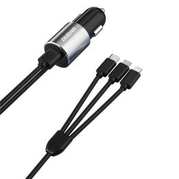 3 1 USB automobilinis įkroviklis 3,4 A su integruotu Lightning / C tipo USB / mikro USB kabeliu, juodas (R5ProN juodas)