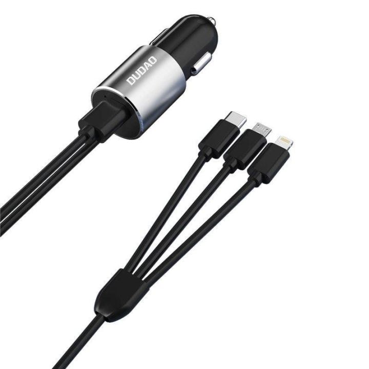 3 1 USB automobilinis įkroviklis 3,4 A su integruotu Lightning / C tipo USB / mikro USB kabeliu, juodas (R5ProN juodas)