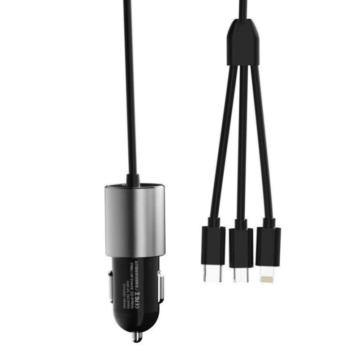 3 1 USB automobilinis įkroviklis 3,4 A su integruotu Lightning / C tipo USB / mikro USB kabeliu, juodas (R5ProN juodas)