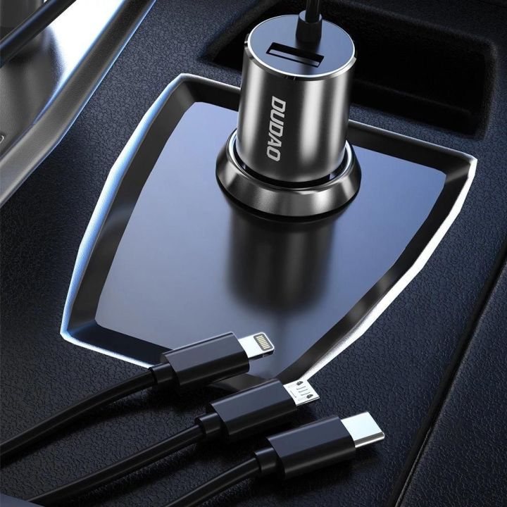 3 1 USB automobilinis įkroviklis 3,4 A su integruotu Lightning / C tipo USB / mikro USB kabeliu, juodas (R5ProN juodas)