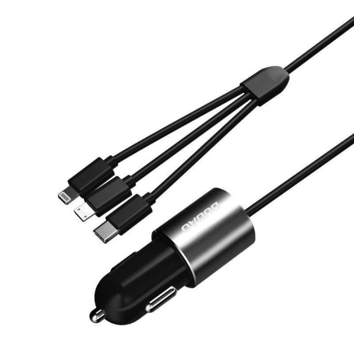 3 1 USB automobilinis įkroviklis 3,4 A su integruotu Lightning / C tipo USB / mikro USB kabeliu, juodas (R5ProN juodas)