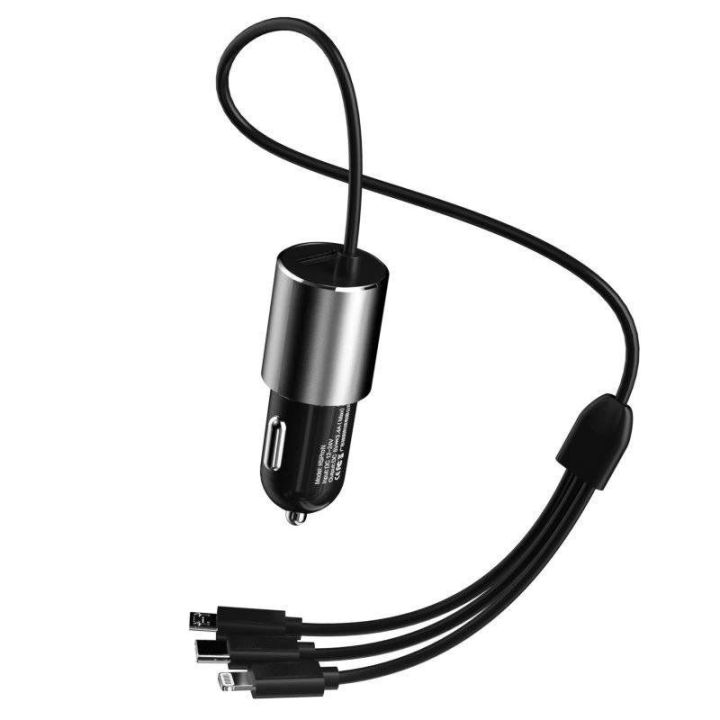 3 1 USB automobilinis įkroviklis 3,4 A su integruotu Lightning / C tipo USB / mikro USB kabeliu, juodas (R5ProN juodas)
