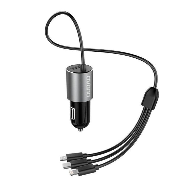 3 1 USB automobilinis įkroviklis 3,4 A su integruotu Lightning / C tipo USB / mikro USB kabeliu, juodas (R5ProN juodas)