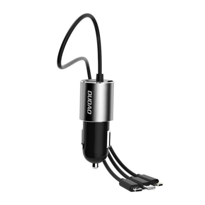 3 1 USB automobilinis įkroviklis 3,4 A su integruotu Lightning / C tipo USB / mikro USB kabeliu, juodas (R5ProN juodas)